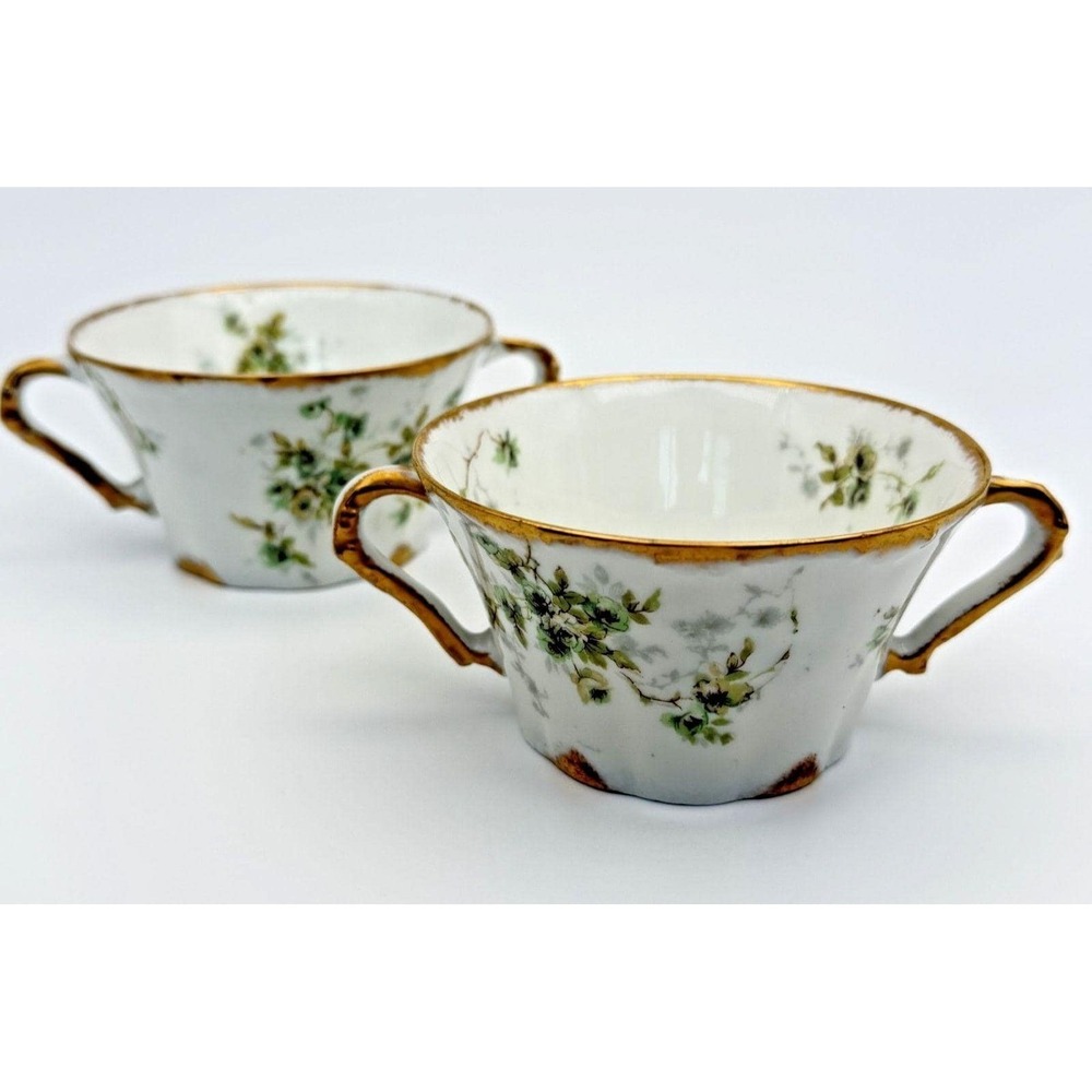 Theodore Haviland Limoges Flat Bouillon Cup Set 2 Green Roses 150B Bowls France